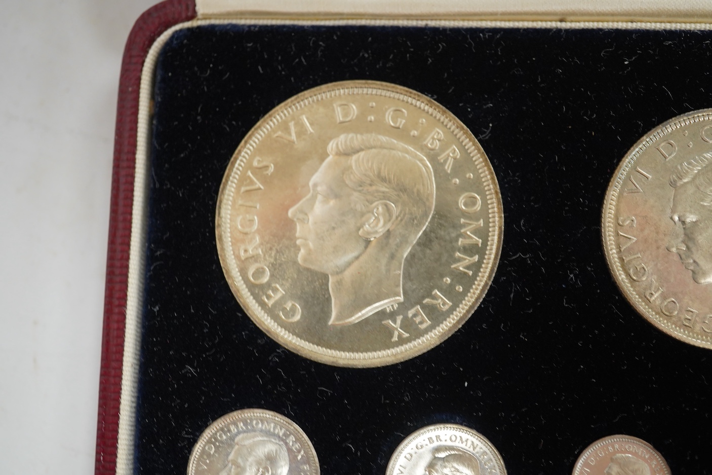 British coins, George VI, specimen coronation coin set, 1937, comprising farthing to crown, Maundy 1d - 4d (14 of 15, one shilling lacking), white residue to some coins otherwise proof like UNC
